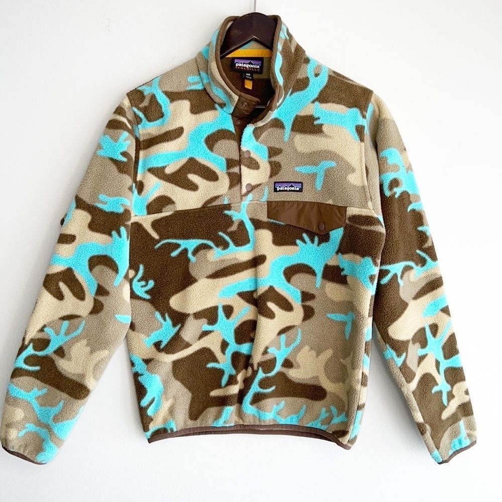Patagonia Synchilla Forest Camo Howling Turquoise Button Up Fleece Size XXS